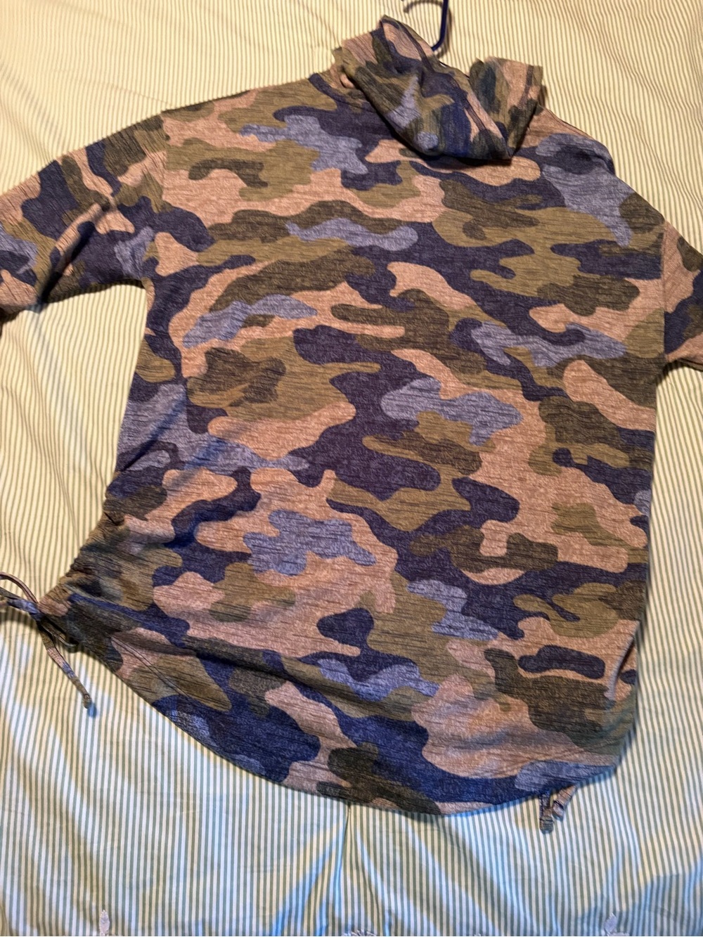 Women's Cowl Neck Camo Pullover Sweater in Olive & Navy